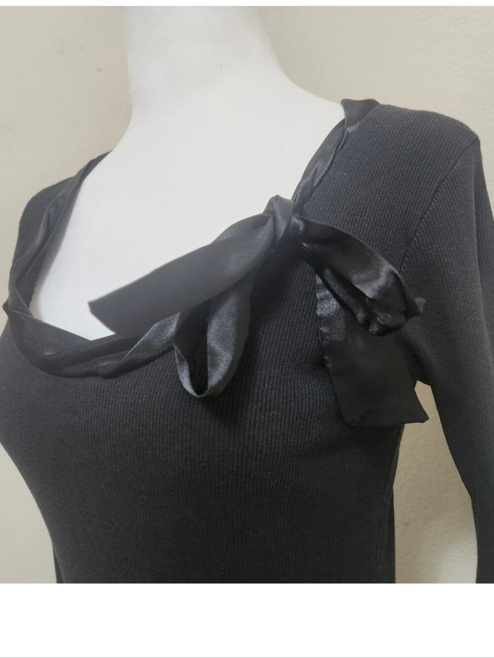 Whimsigoth Ribbed Thermal Top L Black Satin Bow Stretch Dark Fairy Goth Comfort - Picture 7 of 16